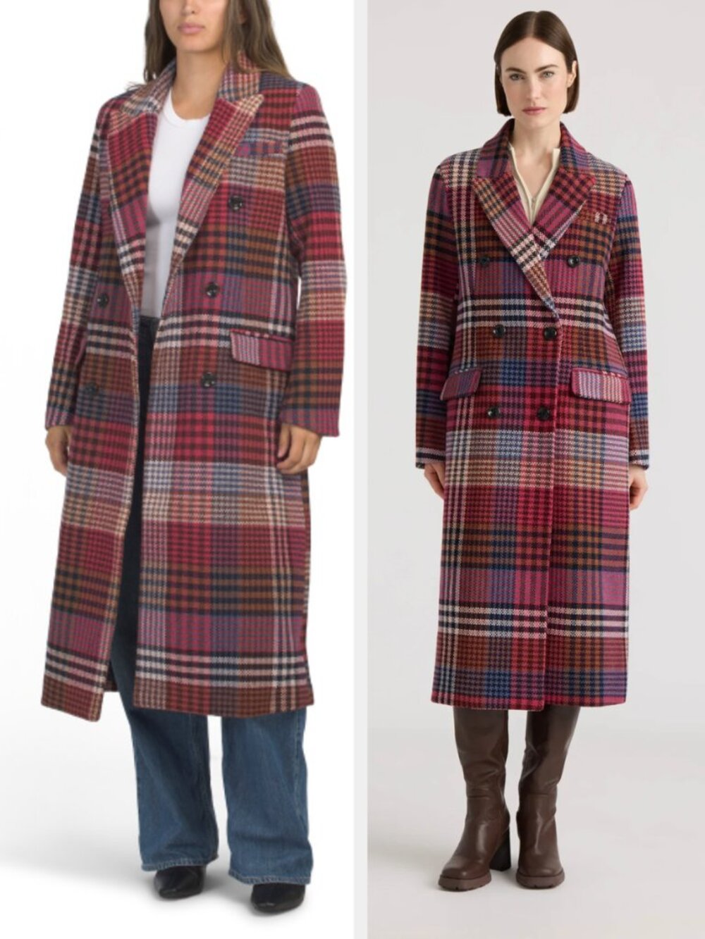 NVLT Wool Blend Double Breasted Maxi Coat Red Plaid Notch Collar Mid Calf